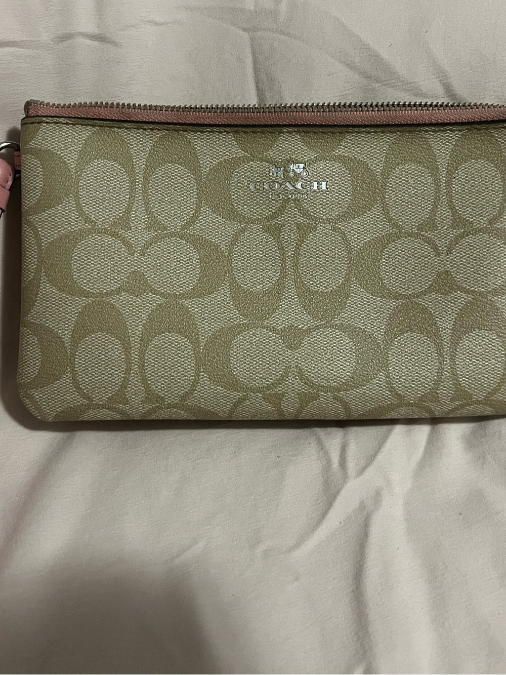 Coach Signature Canvas Wristlet in Khaki and Petal Pink
